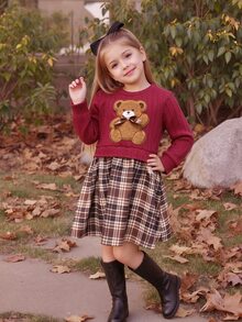 SHEIN Elladie kids 女童對比拼接花卉彼得潘領兩件式連身裙 秋季 - 紅色 - 查看 1