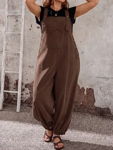 EMERY ROSE EMERY ROSE Plus Size Women's Wide Leg Loose Casual Denim Overalls - Brown - View 4