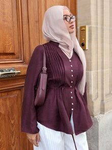 Graceveil Women's Casual Burgundy Shell Button Design Long Sleeve Tie-Up Pleated Blouse, Women's Commuter Top, Spring/Autumn Clothing - Burgundy - View 4