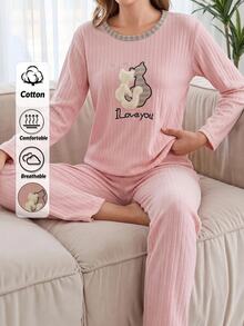 EURMUSE 100% Cotton 2 Pcs  Cat Embroidered Detail Shirt And Striped Sleep Bottom PJ Set - Multicolor - View 4