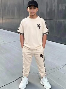 大童男孩休閒舒適時尚簡約斑馬紋 NY 印花棕色拼接品牌圓領短袖長褲 T-shirt 套裝 秋季 - 彩色 - 查看 3