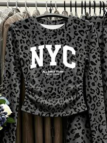 Tween Girls 1 Set Fall NYC Leopard Print Ruched Waist Long Sleeve T-Shirt & Wide Leg Pants Set, Casual Autumn Outfit - Multicolor - View 3