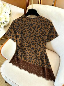 GlowEve CURVE Women's Plus Size Round Neck Lace Patchwork Asymmetrical Hem Solid Color Casual Versatile Daily Short Sleeve T-Shirt - Multicolor - View 2