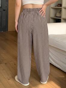 Dazy Plus Plus Size Loose Elastic Waist Striped Drawstring Pajama Cozy Pants, All Season, Fall & Winter - Khaki - View 2