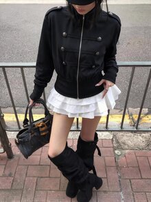 Siren Gaze Women's Fashion Double-Breasted Zipper Long Sleeve Sweatshirt - Black - View 9