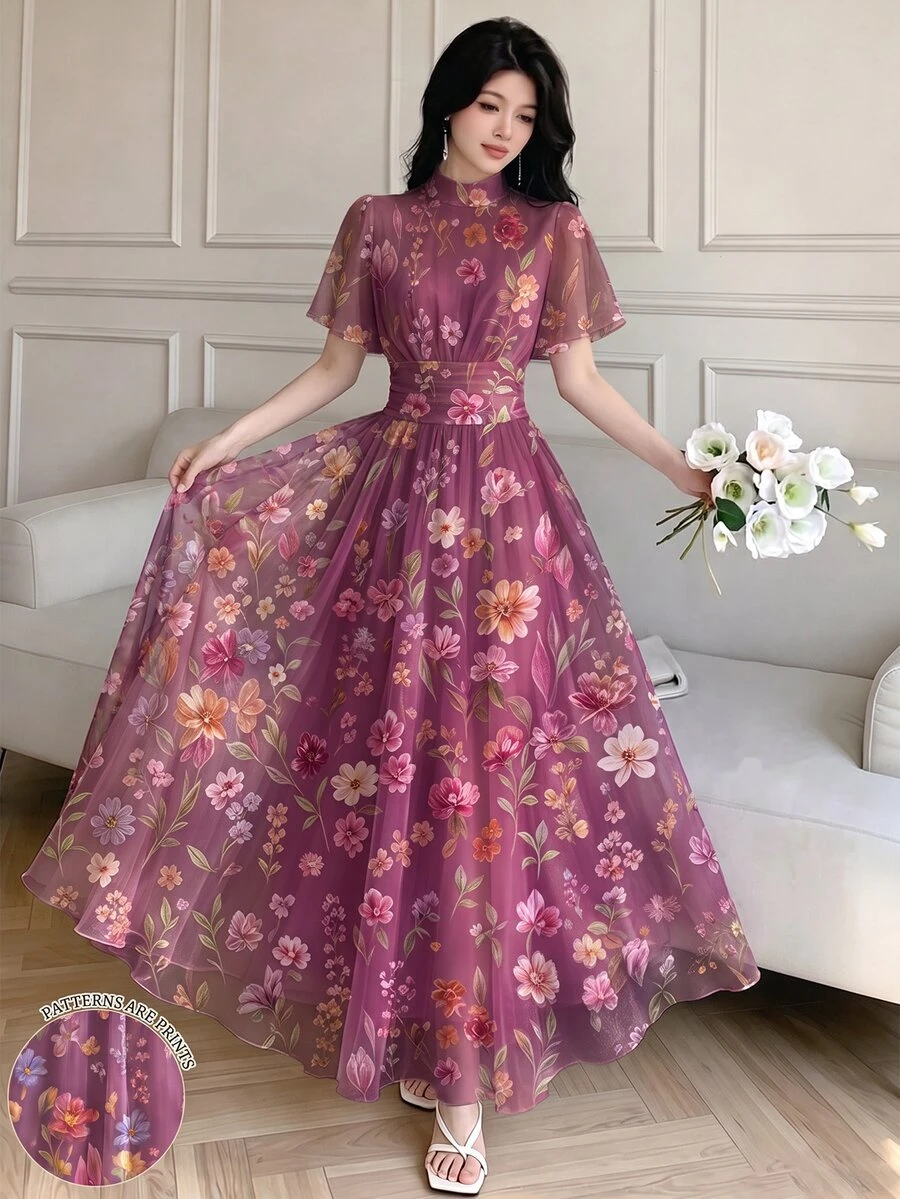 Modelyn 花卉水彩紮染印花半高領荷葉邊短袖法式長洋裝,百褶腰收身顯瘦,淡粉色網紗 - 彩色 - 查看 1