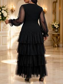 Fleurora Plus Size Autumn Elegant Solid Color Mesh Patchwork Tiered Dress - Black - View 2