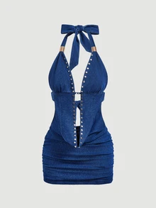 StreetHx Women's Rivet Design Deep V Pleated Slim Fit Sexy Halter Neck Denim Dress - Blue - View 7