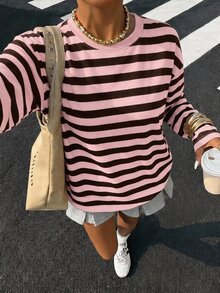 SHEIN EZwear 休閒簡約粉色條紋圓領長袖寬鬆版型T恤，適合春秋穿著 - 彩色 - 查看 6