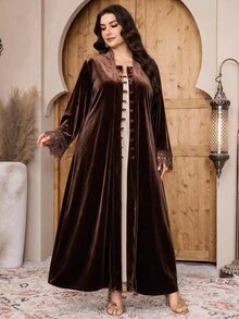 Al Najma عباية نسائية مقاس كبير بلون موحد كاجوال للحفلات - بني - مشاهدة 9