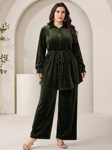 Modelyn Plus Size Women Solid Color Pleated Long Sleeve Top And Pants Casual Daily 2 Pieces Set - Olive Green - View 1