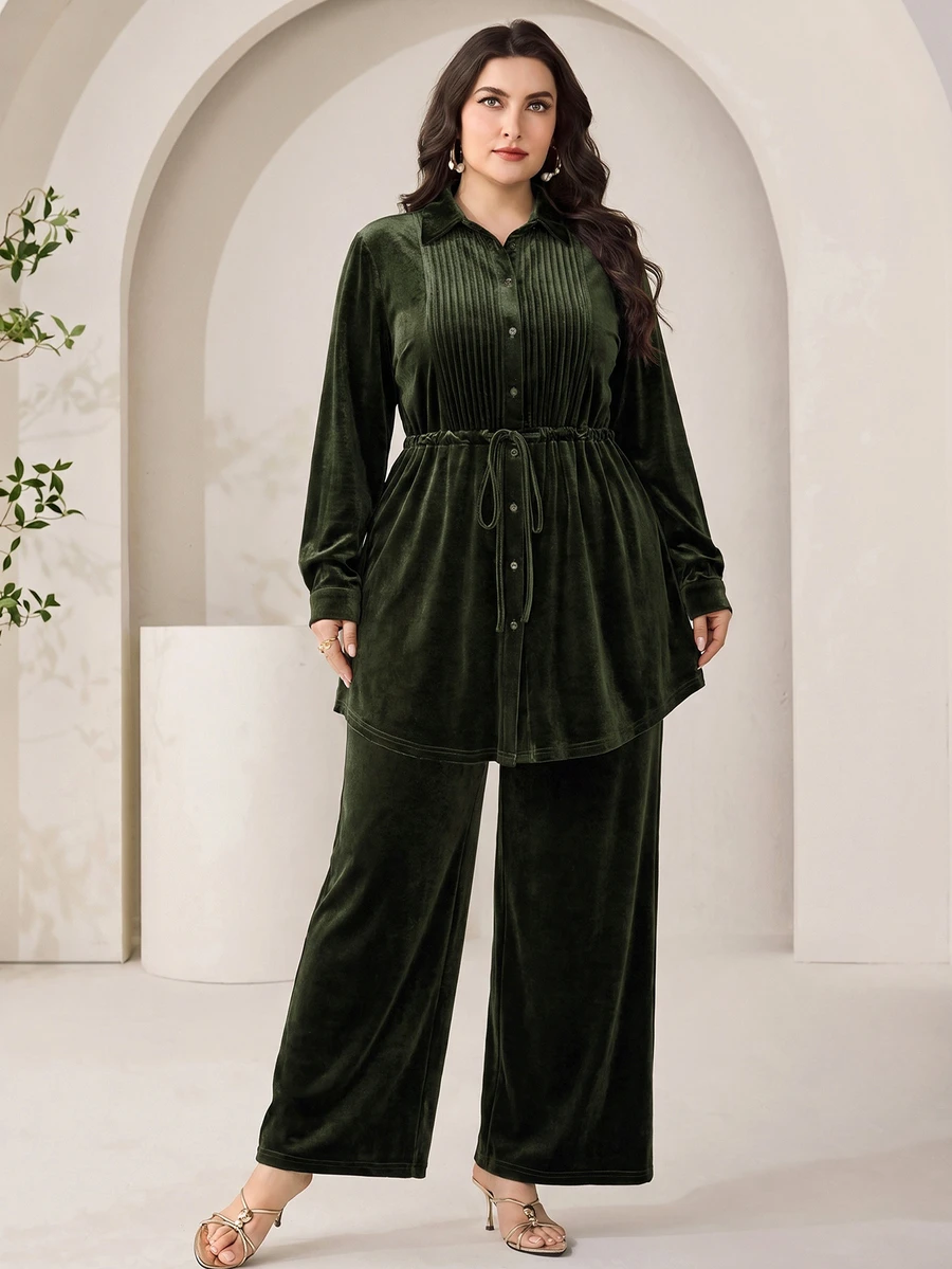 Modelyn Plus Size Women Solid Color Pleated Long Sleeve Top And Pants Casual Daily 2 Pieces Set - Olive Green - View 1