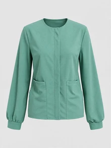 TaskEZ Jaket Seragam Kerja Wanita Warna Hijau Sage Lengan Panjang Resleting Depan Banyak Saku Saku Besar Sedikit Elastis Leher Bulat - Hijau - View 1
