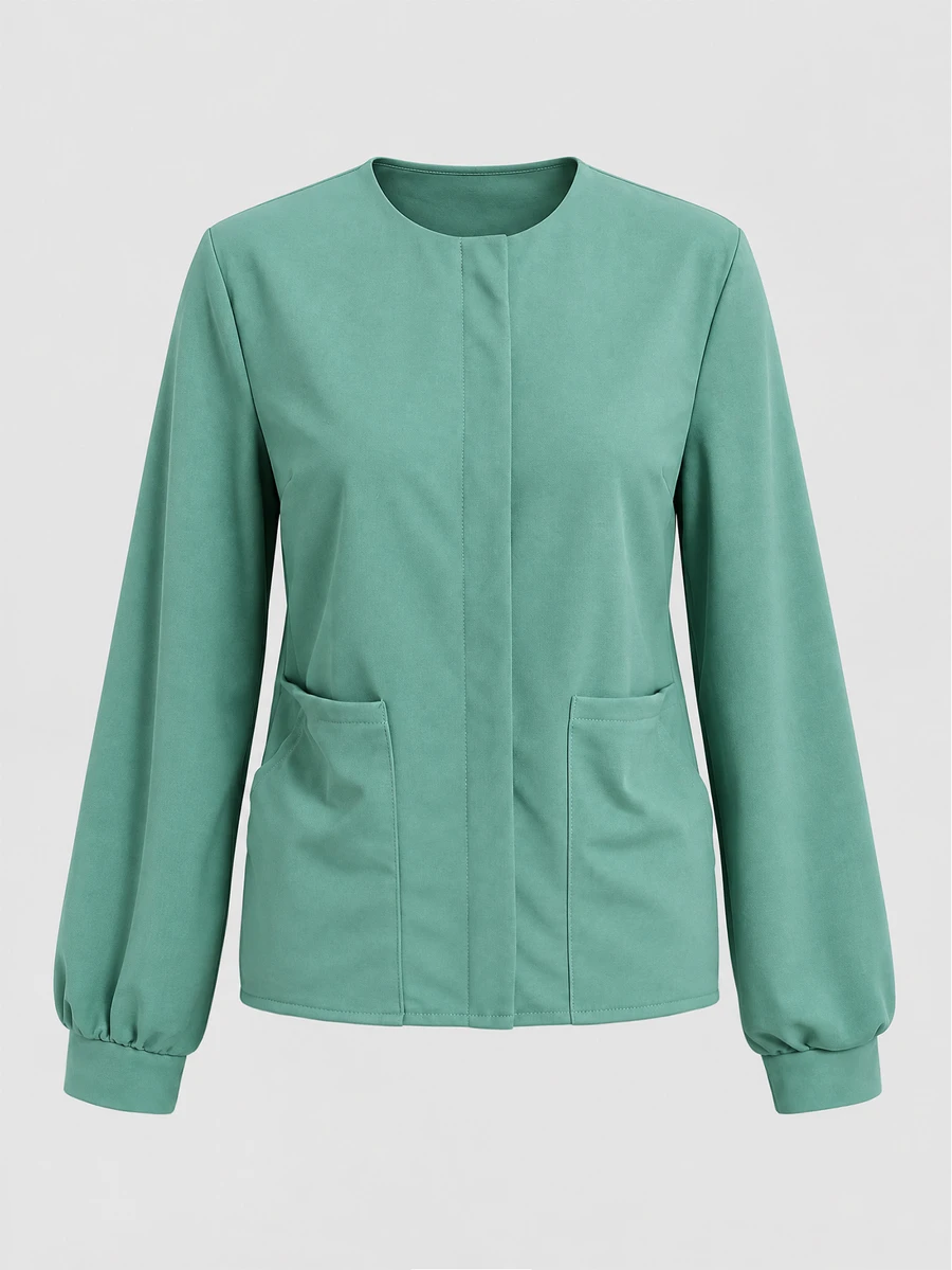 TaskEZ Jaket Seragam Kerja Wanita Warna Hijau Sage Lengan Panjang Resleting Depan Banyak Saku Saku Besar Sedikit Elastis Leher Bulat - Hijau - View 1