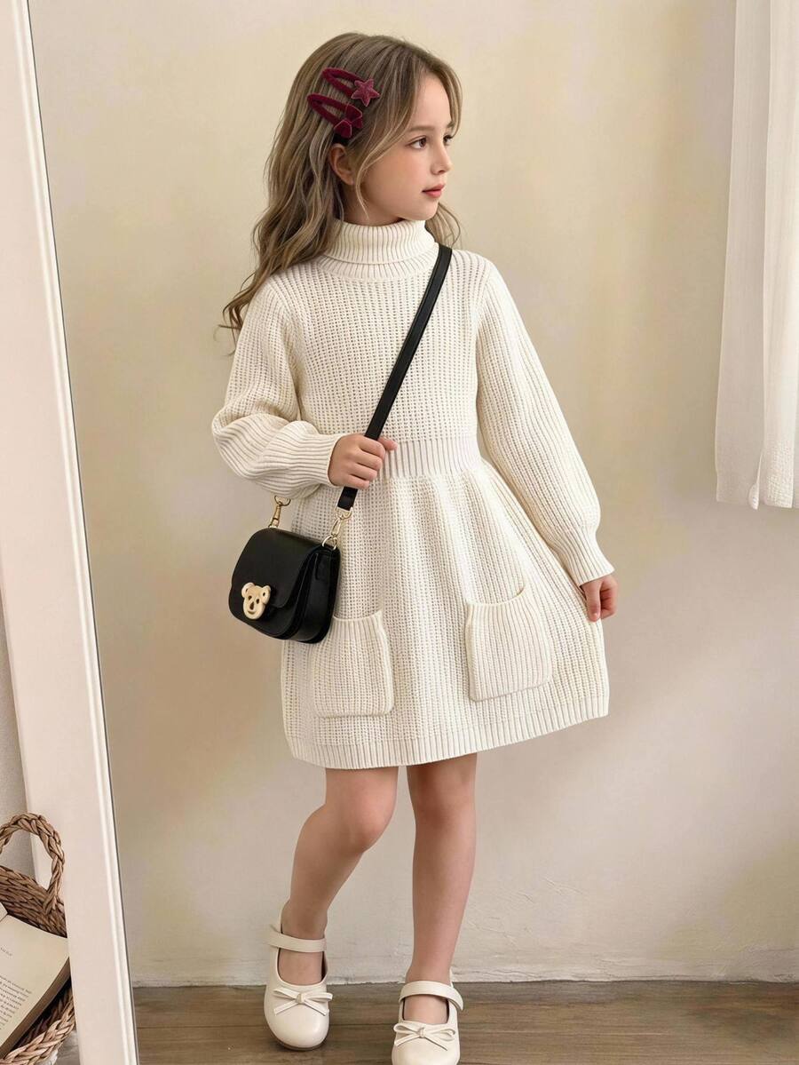 SHEIN 1件女童針織毛衣洋裝，時尚百搭高領、肩側抓皺燈籠袖、收腰A字裙擺附口袋，柔美甜美風，適中厚度，整齊下擺，緊口袖口，親膚柔軟，適合日常穿著、外出、派對、上學等多場合，秋冬必備 - 杏色 - 查看 1