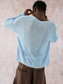 STYNVO Men's Loose Fit Eyelet Lace-Up Design Long Sleeve Sweater, Autumn, Fall - Baby Blue - View 2