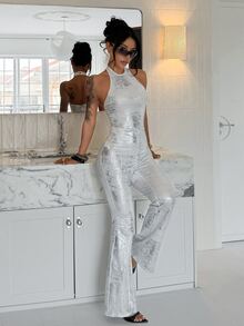 EgrlEra Women's Silver Glitter Halter Neck Sleeveless Jumpsuit For Party - Silver - View 3