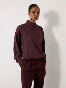 MERLEAU Women's Modern Stand Collar Shoulder Button Design Long Sleeve Shirt - Brown - View 5