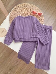 SHEIN Baby Girl 3D Floral Decor Long Sleeve Sweatshirt And Pants Casual Daily Outfit - Purple - View 7