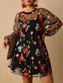 SHEIN VCAY Plus Size Women's Floral Embroidered Mesh Round Neck Long Sleeve Fashion 2 In 1 Dress - Black - View 5