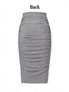 INAWLY A Women's Solid Deep-Brown, Pleated, Midi-Length Skirt-Featuring A Slim, Sexy Silhouette-Perfect For Spring And Summer, As Well As Daily Commuting - Black and White - View 3