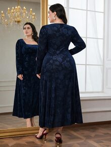 Modelyn Plus Size Women's Square Neck Embroidered Long Sleeve Elegant Dress - Navy Blue - View 2