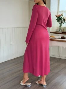 DAZY Đầm bầu ôm dáng dáng ô màu trơn phối viền ren, thanh lịch, mặc ở nhà và hằng ngày, xuân/thu - Màu Hồng Tươi - Xem 2