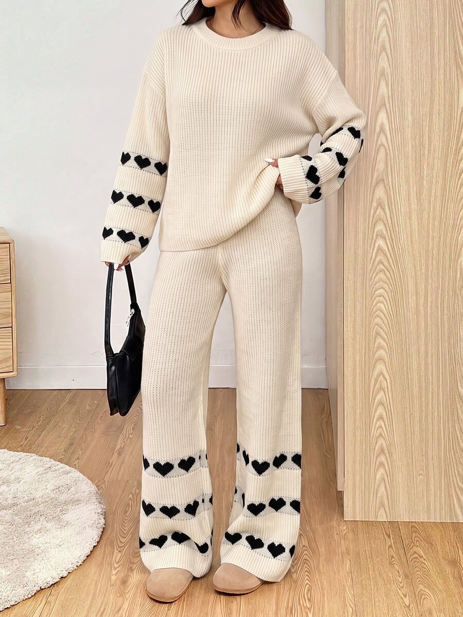 Mulvari Women's Loose Heart Jacquard Knit Sweater 2 Pieces Set, Autumn/Winter Casual Going Out - Apricot - View 1