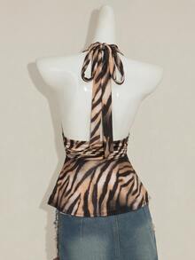 SHEIN ICON Y2K 女款波希米亞風動物印花性感夜店深V領百褶掛脖背心上衣 - 彩色 - 查看 2