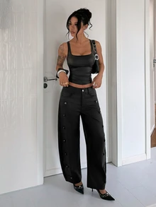 Jeanoix Women's Y2K Fashion Button Faux PU Coated Long Pants - Black - View 6