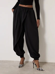 MERLEAU Women's Modern Casual Folded Panel Design Balloon Pants Pilates Plain Black Fall - Black - View 3