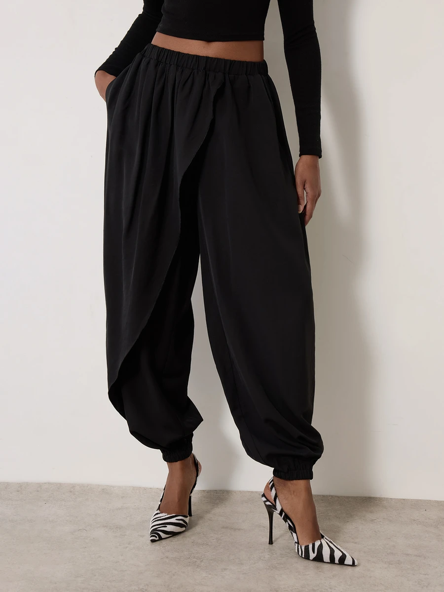 MERLEAU Women's Modern Casual Folded Panel Design Balloon Pants Pilates Plain Black Fall - Black - View 1