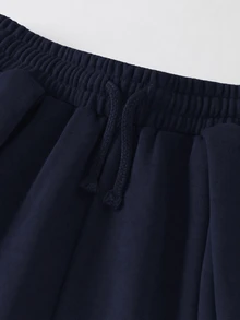 SHEIN 青少年女孩純色抽繩腰休閒百搭日常穿著長褲童裝 - 藍色 - 查看 4
