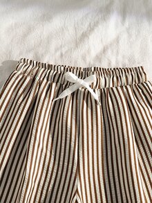 SHEIN Girls' Single Piece Vintage Vertical Striped Wide Leg Pants, High Waist Drawstring Elastic Waist Drapey Loose Casual Straight Leg Long Pants - White - View 5