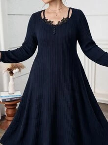 Feyla Plus Size Women's Contrast Lace Long Sleeve Elegant Dress - Navy Blue - View 6