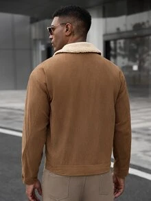 Manfinity CasualCool 男士棕色燈芯絨毛領經典百搭秋冬休閒夾克，適合通勤、商務、居家、戶外及日常穿著 - 棕色 - 查看 2
