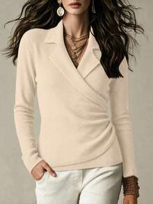 SHEIN Women's Autumn Winter Apricot Ribbed Knit Sweater, Elegant Polo Collar Long Sleeve Top With Ruched Waist, Chic Slim Fit Pullover For Casual Daily Wear - Apricot - View 5