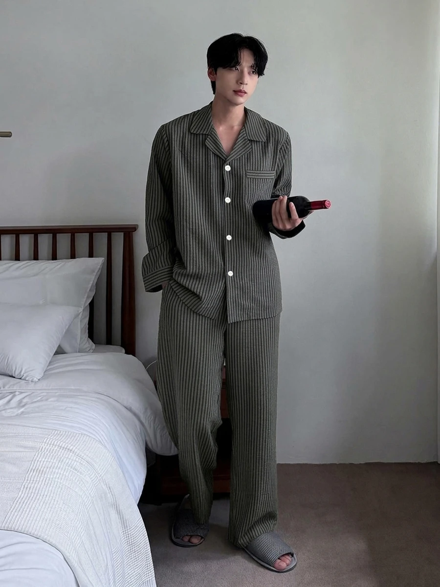 DAZY Spring/Autumn Long Sleeve Dark Gray Striped Long Pants Men's Loungewear Set - Dark Grey - View 1
