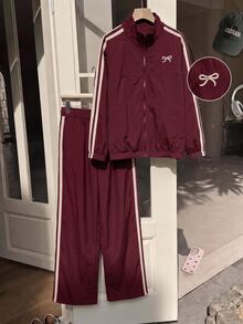 SHEIN 女童小女孩拼色條紋拉鍊外套配蝴蝶結、鬆緊腰長褲，復古套裝，日常穿著校園返校裝 - 酒紅色 - 查看 5