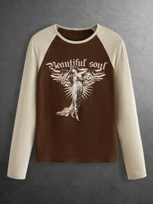 HIMLAND Men's Letter Angel Print Raglan Long Sleeve Casual T-Shirt - Brown - View 1