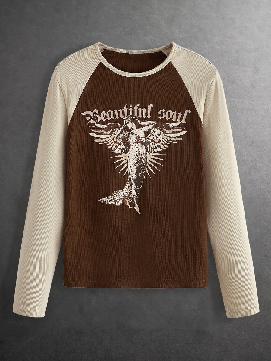 HIMLAND Men's Letter Angel Print Raglan Long Sleeve Casual T-Shirt - Brown - View 1