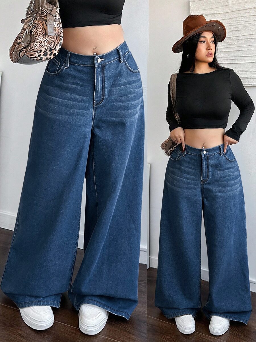 Dripcurv Plus Size Women's Loose Wide Leg Casual Denim Jeans With Pockets