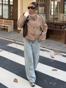 Muchica Women's Autumn/Winter New Brown Plaid Funnel Neck Double-Breasted Casual Loose Overcoat - Multicolor - View 5