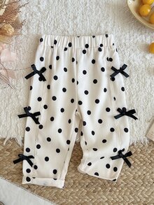 SHEIN 女嬰春秋波點時尚百搭休閒蝴蝶結裝飾長褲，適合外出、公園散步、幼兒園、旅行、露營、野餐等多種場合 - 黑與白 - 查看 3