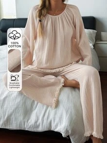 DAZY 2pcs Women's Pajama Set With Tassel Patchwork Solid Color Loose Long Sleeve Top And Long Pants - Apricot - View 3