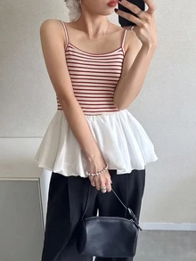 FRIFUL 女款條紋拼接細肩帶背心上衣與長袖開襟衫休閒日常兩件套 - 紅色 - 查看 3
