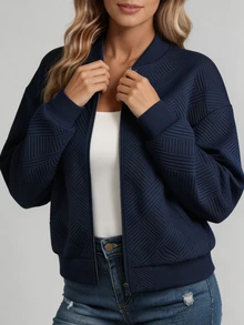 SHEIN LUNE CURVE Plus Size Women's Navy Blue Textured Jacquard Baseball Collar Zip-Up Short Jacket, Casual Long Sleeve Ribbed Cuff Loose Knit Cardigan Fall - Navy Blue - View 4