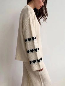 Mulvari Women's Loose Heart Jacquard Knit Sweater 2 Pieces Set, Autumn/Winter Casual Going Out - Apricot - View 4
