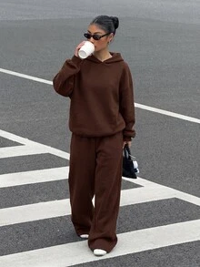 Muchica 休閒極簡風女款兩件套，秋冬女款帽 T 與運動長褲套裝，適合秋冬，百搭，適合日常穿著 - 棕色 - 查看 4