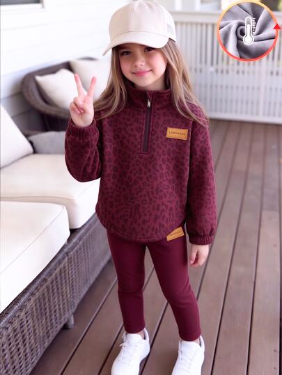 Young Girls Pink Leopard Print Half-Zip Stand Collar Sweatshirt Set With Curved Hem And Elastic Cuffs, Sweet Casual Style